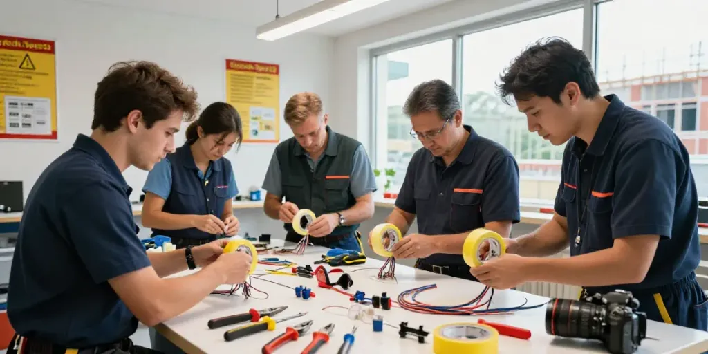 Electricians using Super33 tape for wire insulation in a bright workshop.