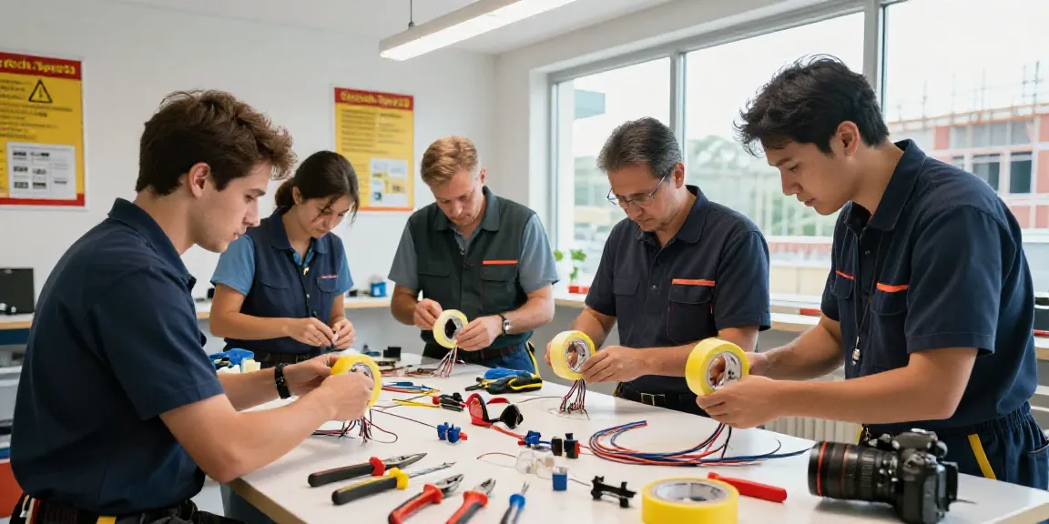 Electricians using Super33 tape for wire insulation in a bright workshop.