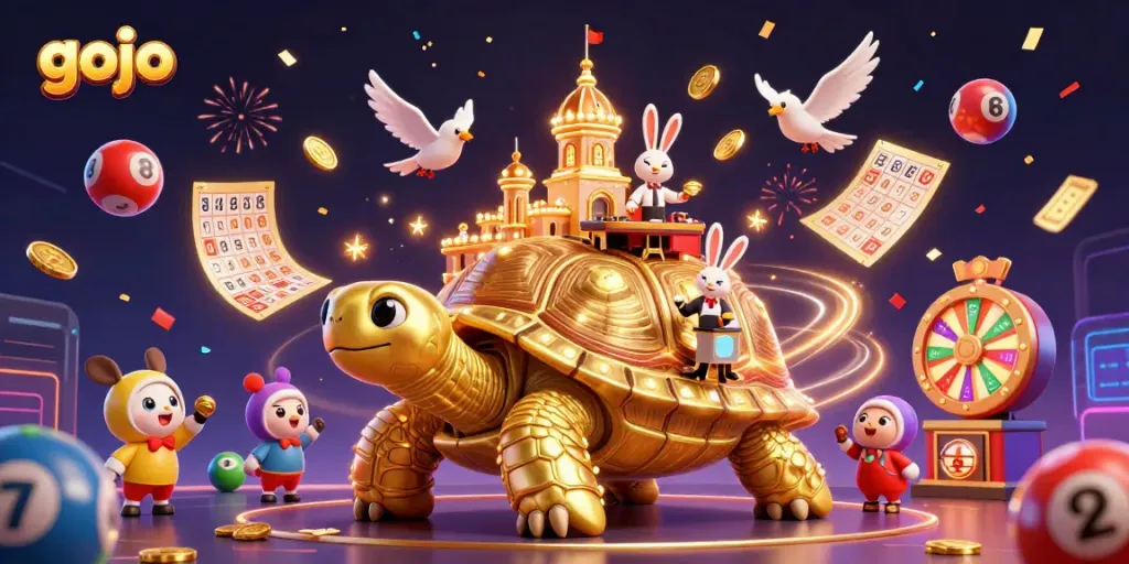Join Gojo at the casino, surrounded by dynamic lottery elements and vibrant festivities.