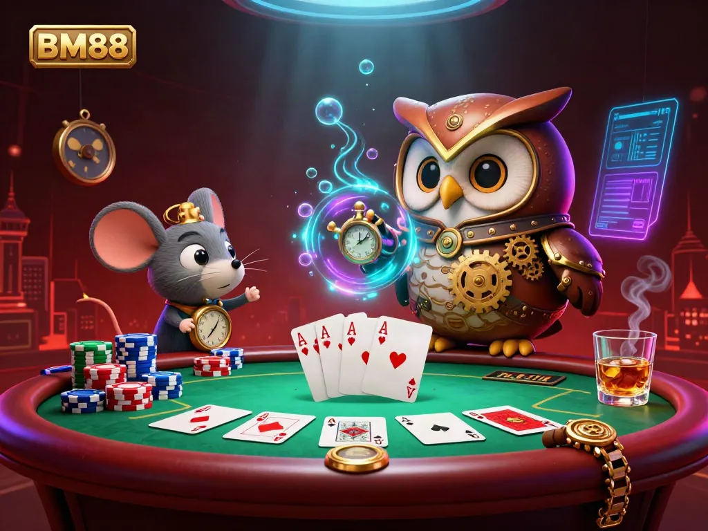 Experience thrilling gaming with BM88's vibrant casino scene featuring animated characters and poker elements.