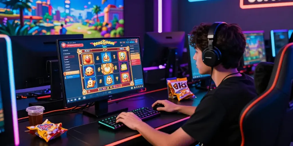 Engaged gamer playing pesgslot on a modern monitor with vibrant graphics.