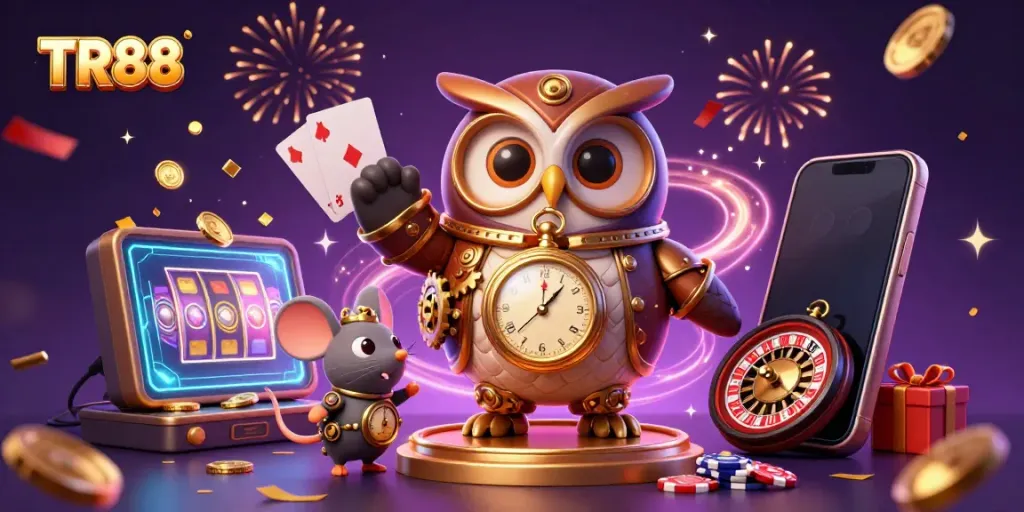 TR88 showcases a vibrant time-traveler owl and clockwork mouse amidst colorful casino elements.