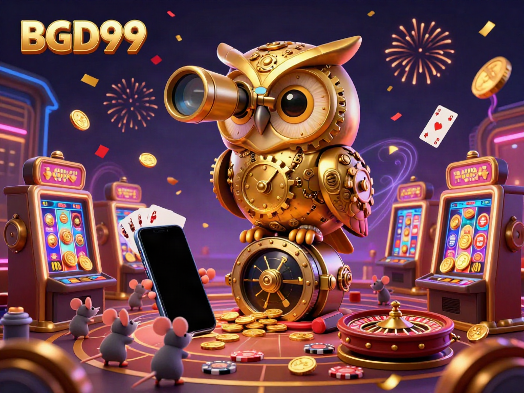 Experience the thrill of BGD99's vibrant casino atmosphere with a clockwork owl and colorful gaming action.