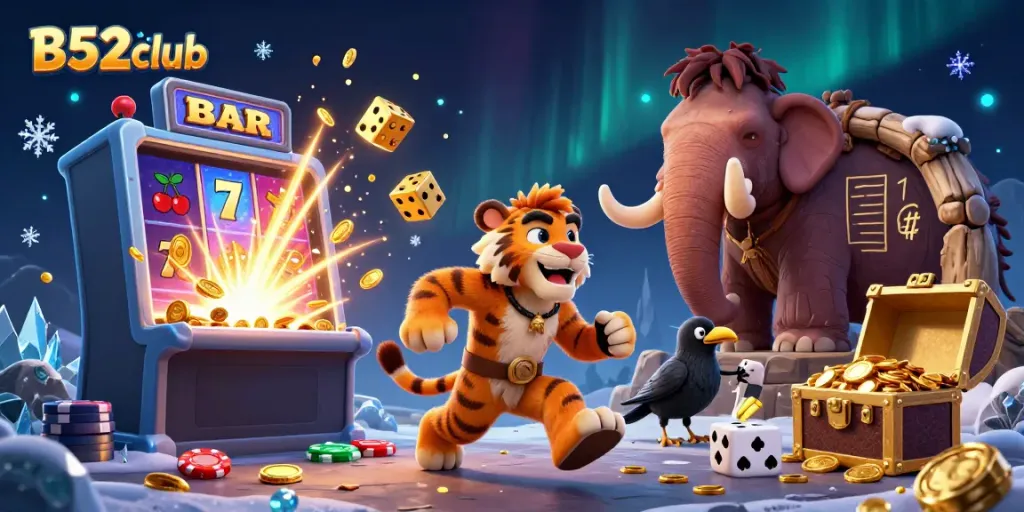 B52club's vibrant casino scene features a unique caveman duo and dynamic gaming elements in action.