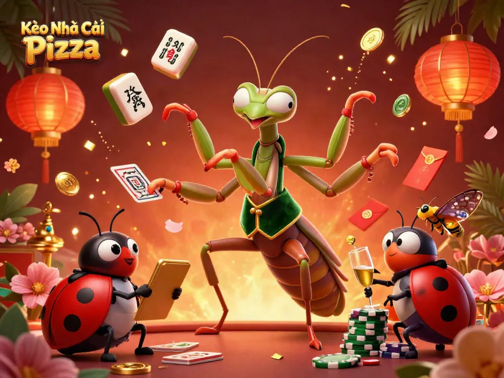 Engage in thrilling betting at Kèo Nhà Cái Pizza with a colorful scene featuring a giant mantis dealer and ladybug pit boss.