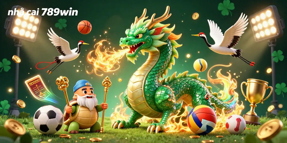Engage with the vibrant gaming world of nhà cái 789win, illustrated with a jade dragon, turtle sage, and lucky cranes.