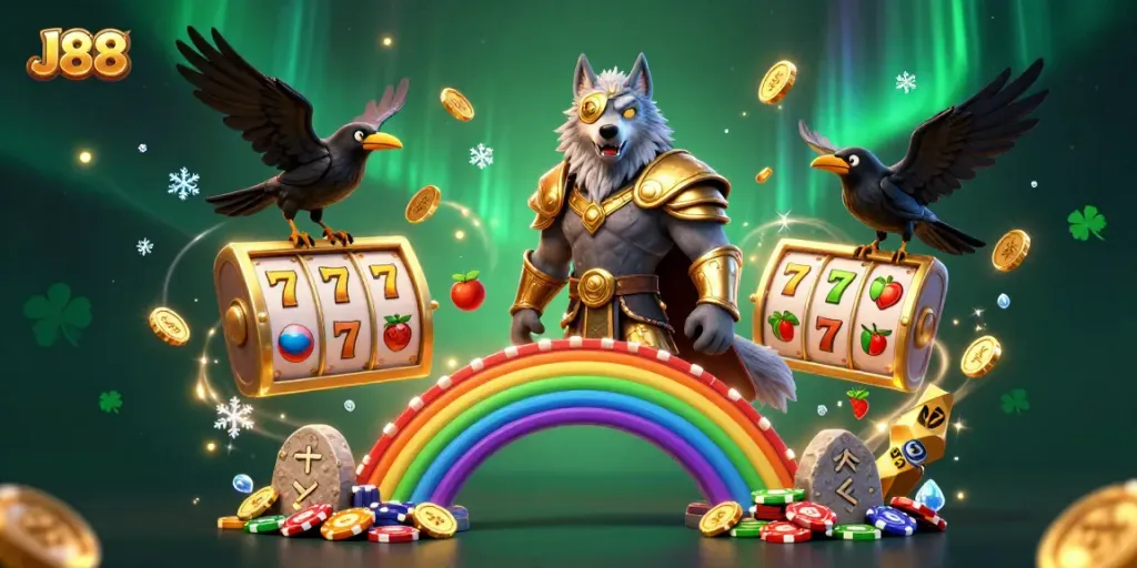 Engage with J88's thrilling slots adventure featuring Odin and ravens surrounded by jackpots.
