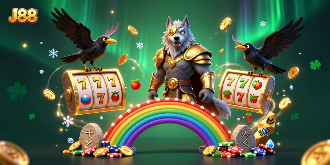 Engage with J88's thrilling slots adventure featuring Odin and ravens surrounded by jackpots.