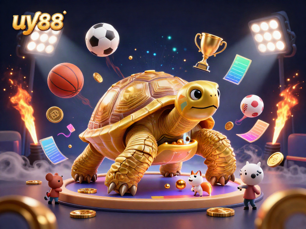 Experience the thrilling world of uy88 with a dynamic scene of gaming excitement featuring a golden tortoise pinball machine.