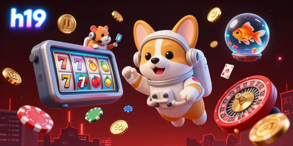 Join the h19 gaming adventure in this vibrant space station casino, filled with floating poker chips and exciting game elements.