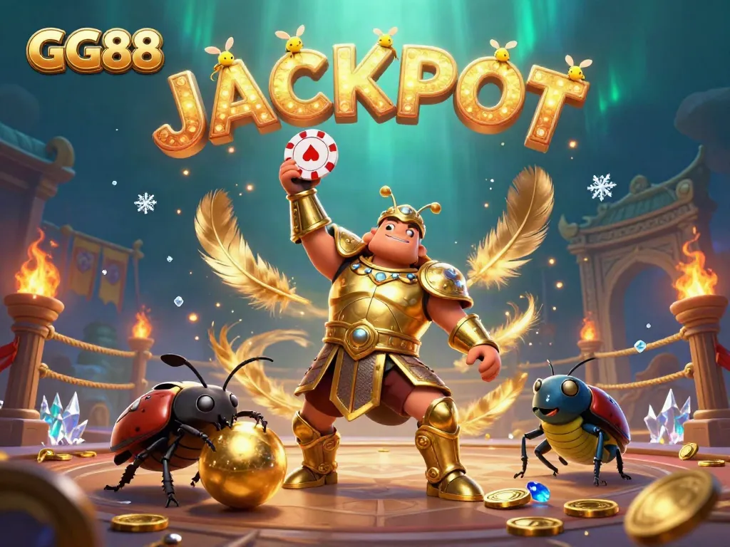 Experience exciting gameplay at GG88 with a heroic beetle lifting a poker chip amidst gleaming coins and festival vibes.