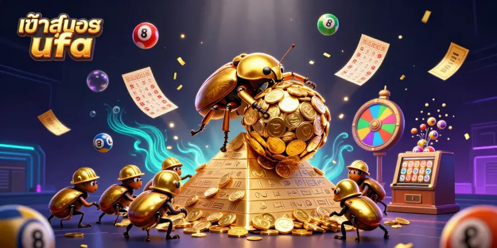 Experience the thrill of gaming through the vibrant scene featuring "เข้าสู่ระบบ ufa", showcasing a golden beetle and dynamic game elements.