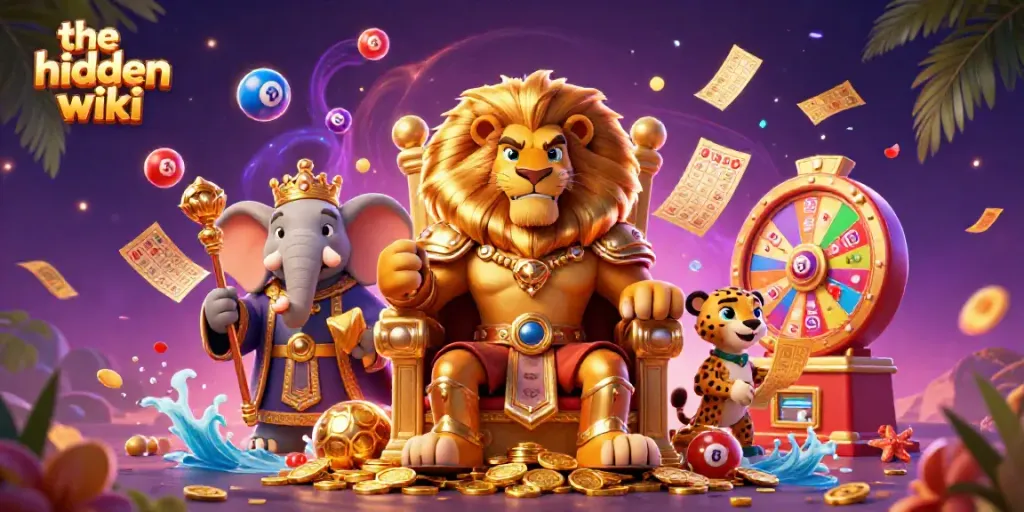 The hidden wiki features a lively scene with a lion king, elephant advisor, and cheetah messenger celebrating amidst dynamic lottery elements.