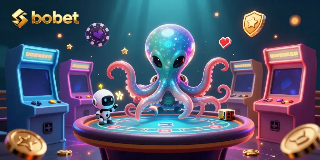 Experience sbobet gaming thrills with a vibrant alien octopus and robot at a holographic poker table.