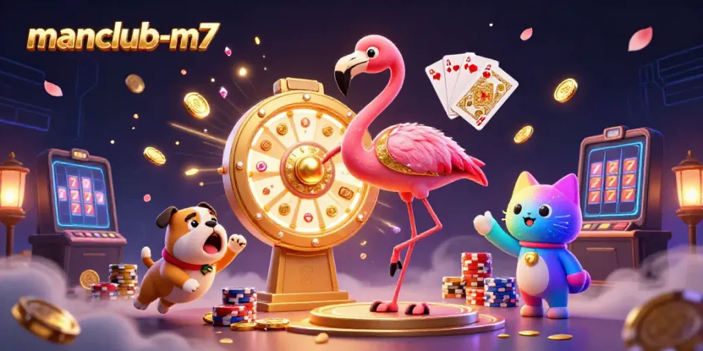 Spin and win at manclub-m7 with dynamic prize wheel action and festive casino elements.