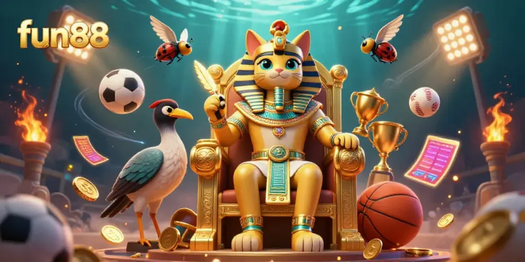 Experience the vibrant world of fun88 with a pharaoh cat character in a dynamic sports betting scene.