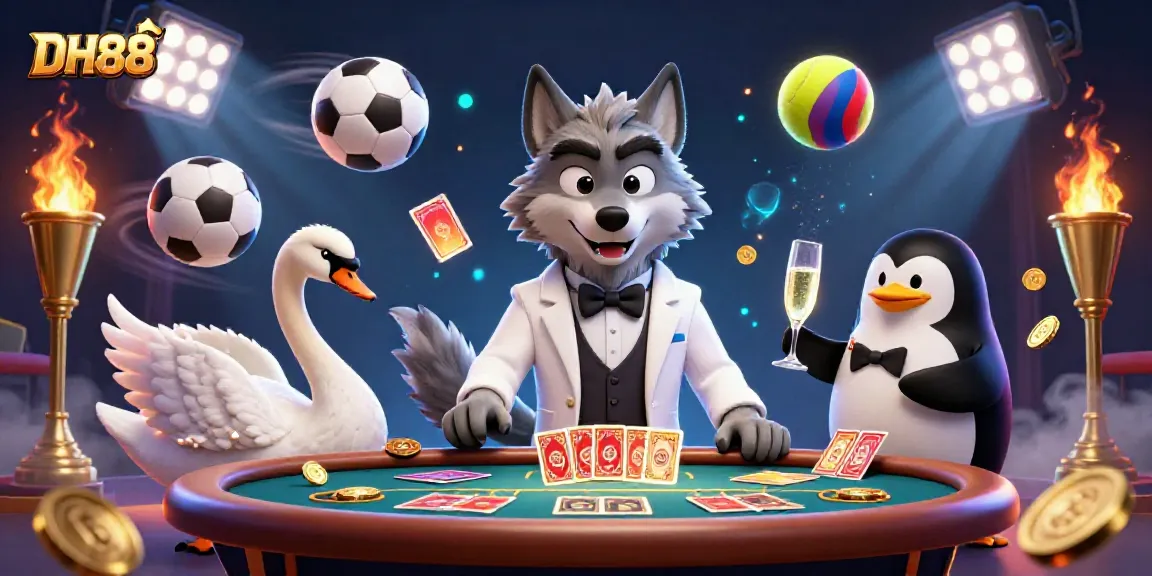 Experience thrilling baccarat action at DH88 with a debonair wolf, elegant swan, and sophisticated penguin.