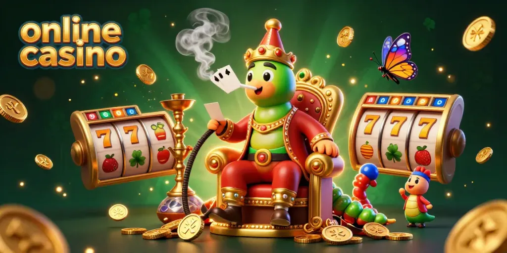 Engaging 3D illustration depicting an online casino environment showcasing a caterpillar hookah-master, vibrant gambling elements, and glittering coins.