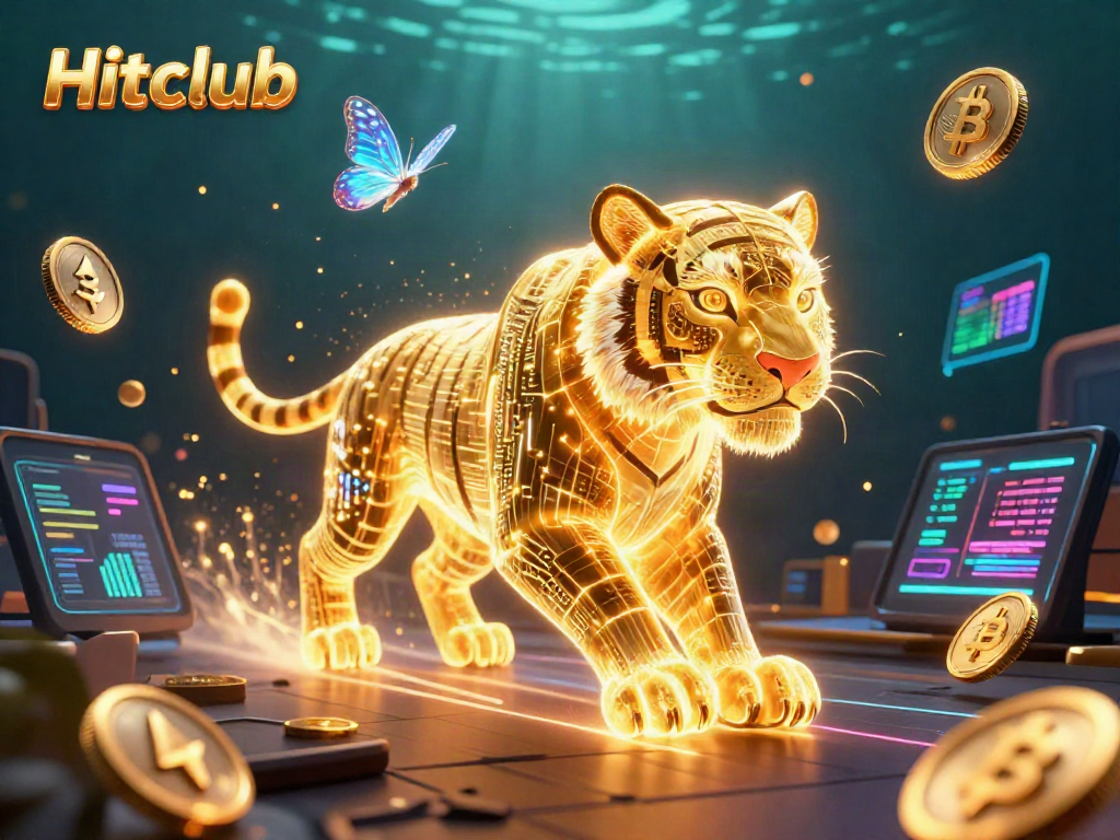 Experience gaming excitement with Hitclub's vibrant casino scene featuring a golden tiger and crypto elements.