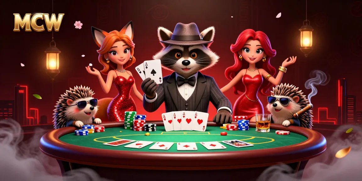 Engaging MCW promotional scene with a charming raccoon, fox, and hedgehog at a vibrant poker table.
