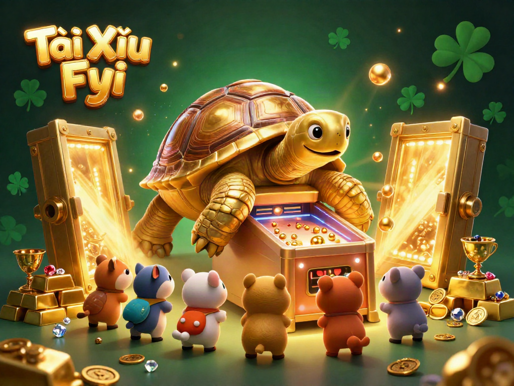 Engaging illustration depicting Tài Xỉu Fyi with a colorful tortoise pinball machine and treasure.