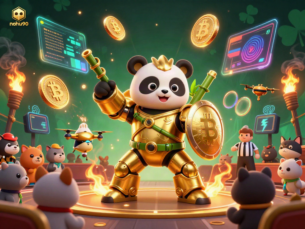 Engage with nohu90's dynamic gaming environment featuring a mech-suit panda and cryptocurrency themes.