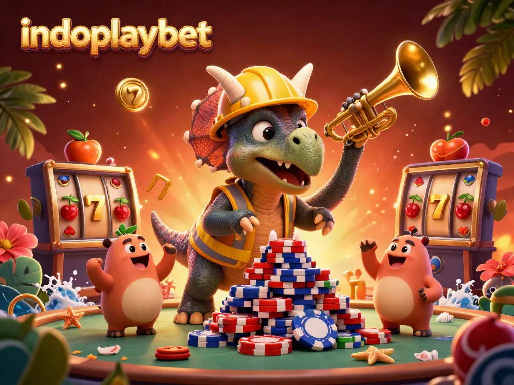 Gambarkan indoplaybet dengan dinosaurus merayakan kesuksesan di kasino menggunakan simbol permainan yang kaya.