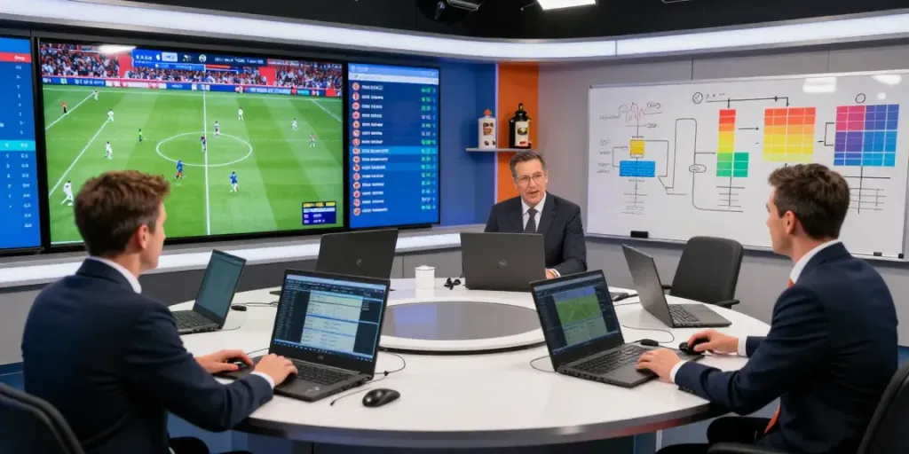 Football analysis experts discussing TOP10FOOTBALL rankings in a modern studio.