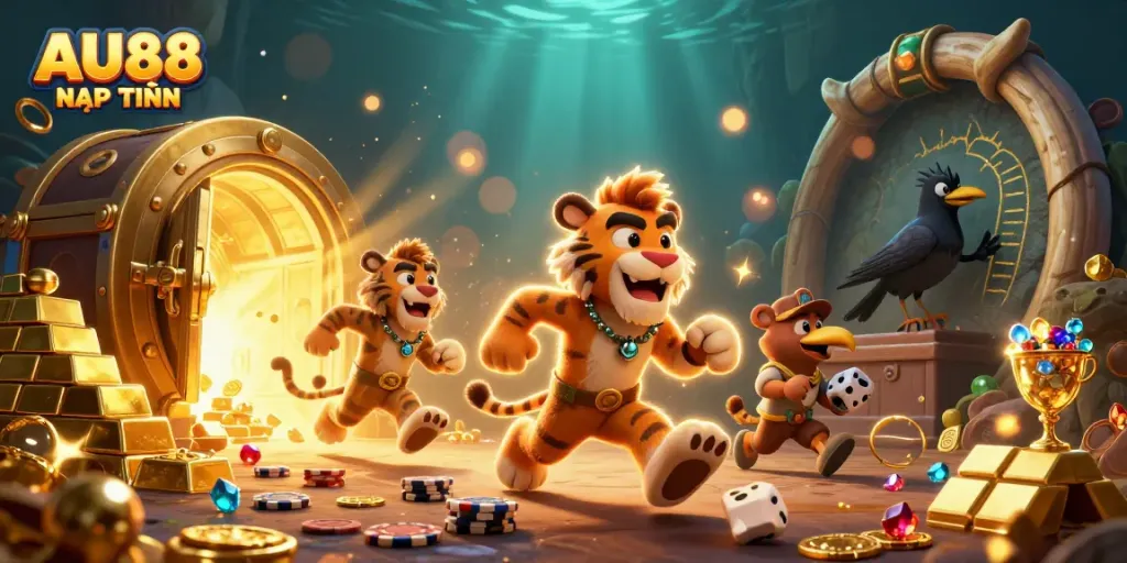 Enjoy thrilling AU88 NẠP TIỀN in a prehistoric casino scene with treasures and dice.