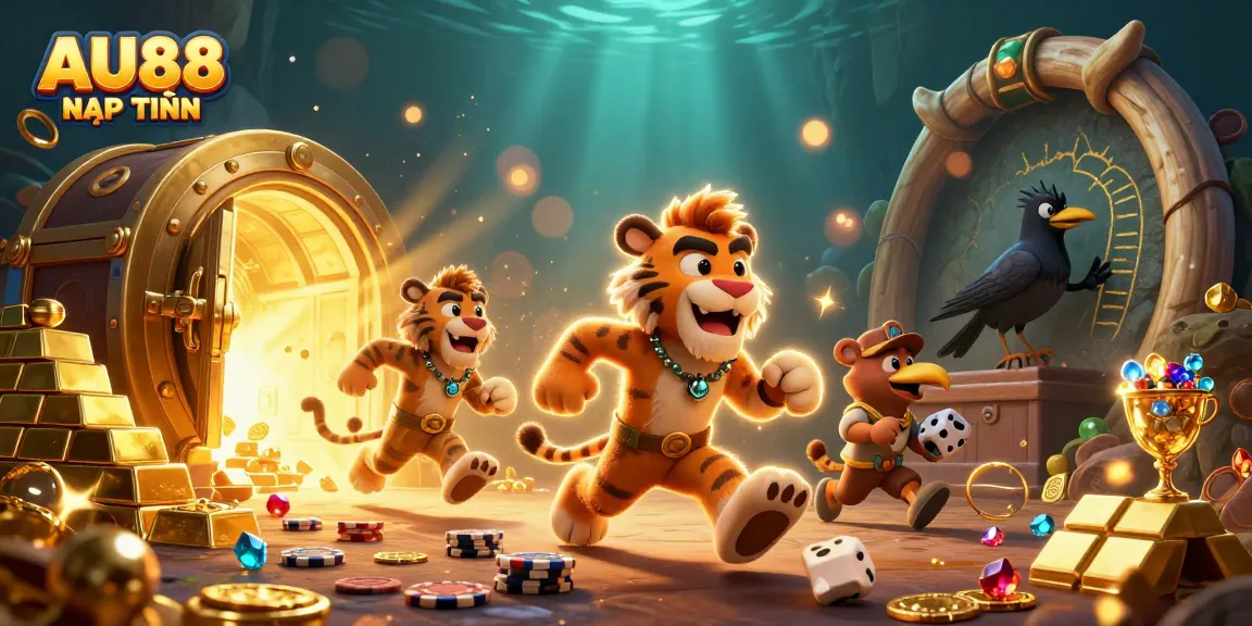 Enjoy thrilling AU88 NẠP TIỀN in a prehistoric casino scene with treasures and dice.