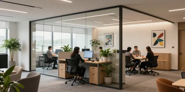 Office with a sleek پارتیشن تک جداره, featuring modern furniture and collaborative spaces.
