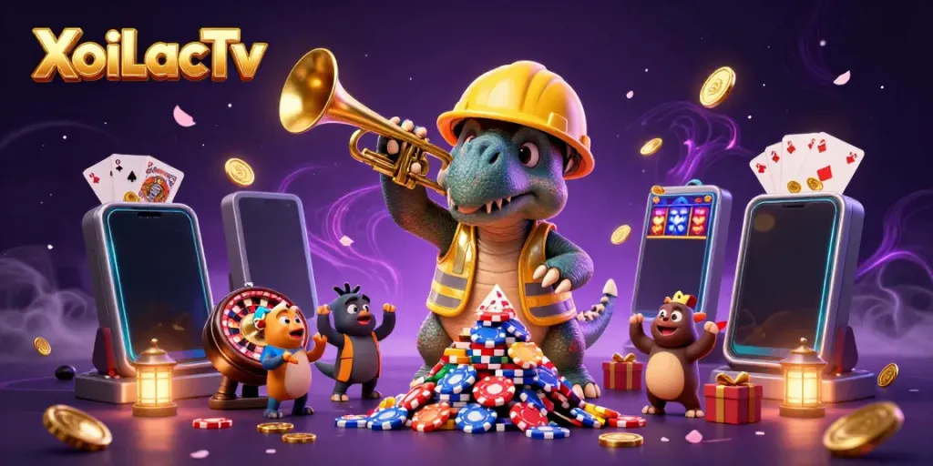 XoiLacTv brings a lively casino scene with characters celebrating while building poker chip pyramids and enjoying games.