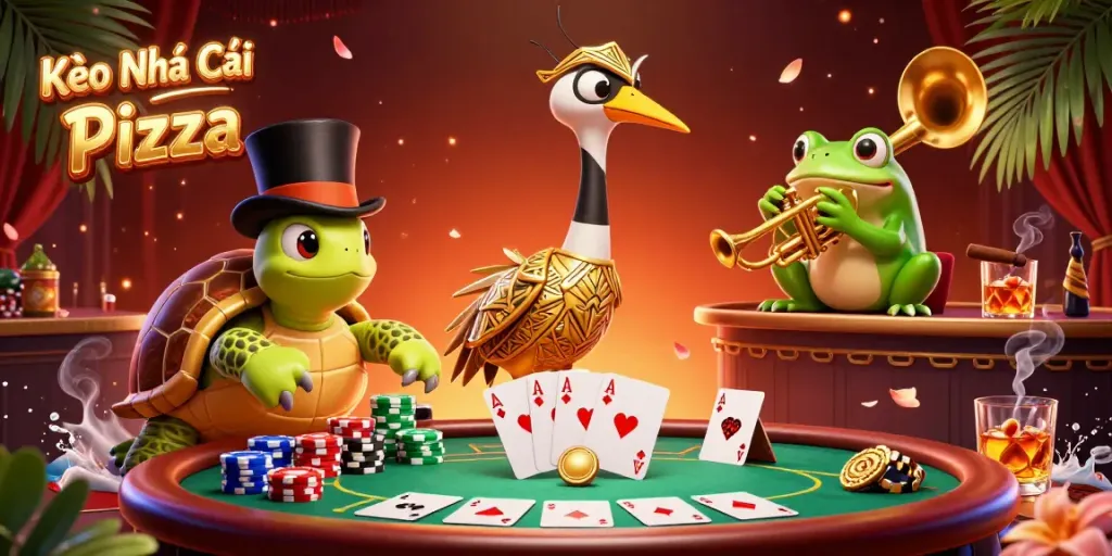 Kèo Nhà Cái Pizza showcases a vibrant 3D casino scene with interactive characters and poker elements.