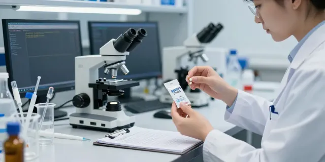 Researcher analyzing NOOPEPT 20 MG pellets in a modern laboratory setting.