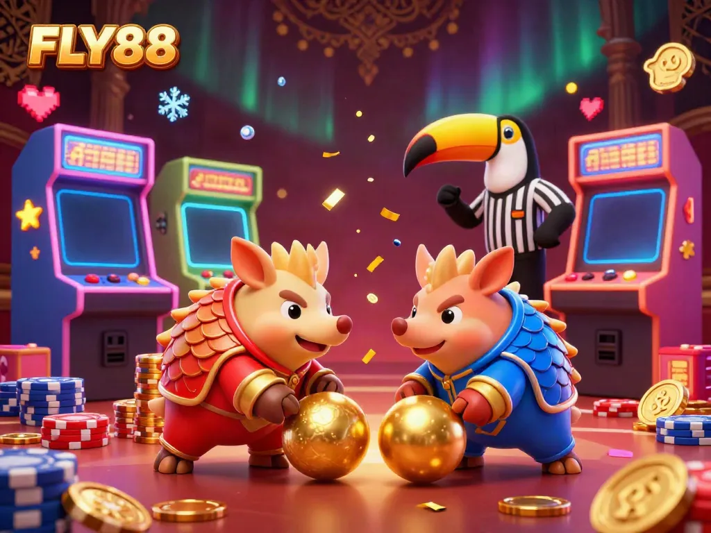 Engage in thrilling gaming with FLY88's vibrant casino atmosphere featuring vibrant pangolins and colorful arcade machines.
