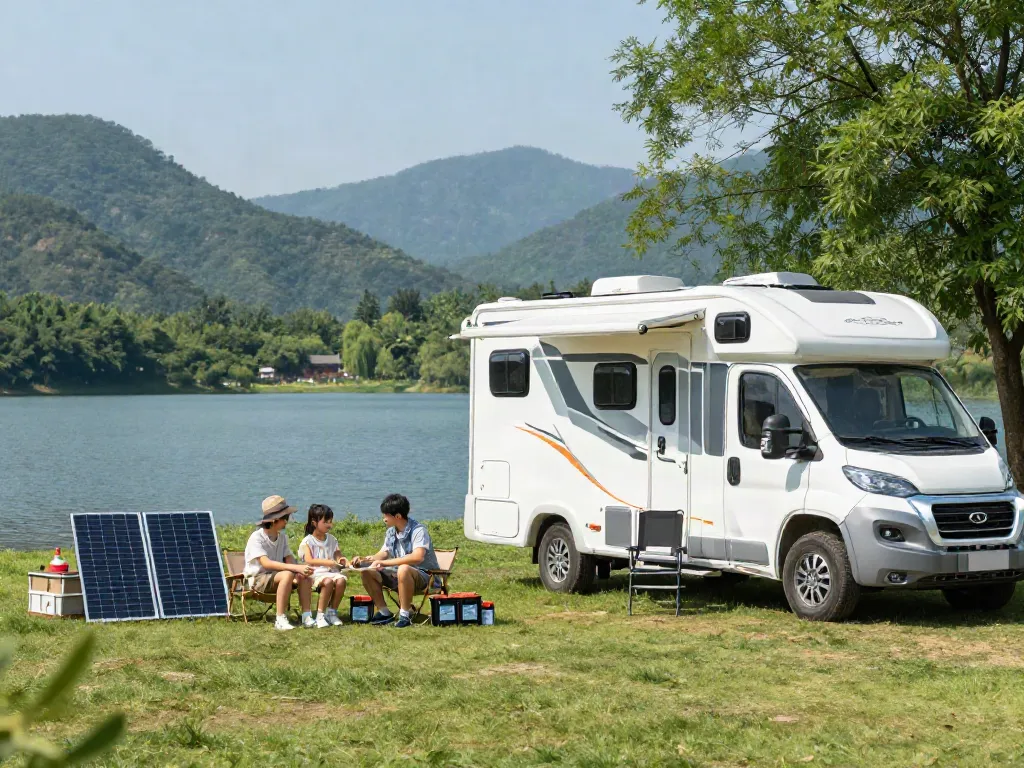 Family using a lithium RV battery for off-grid camping adventure by the lake.