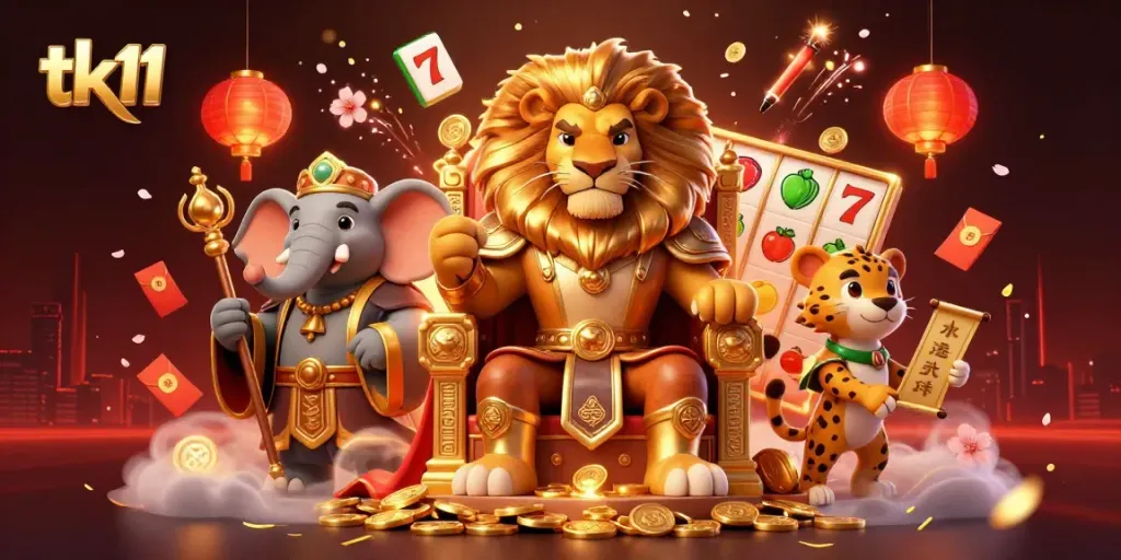 Experience the vibrant tk11 casino scene with majestic characters and thrilling gaming elements.