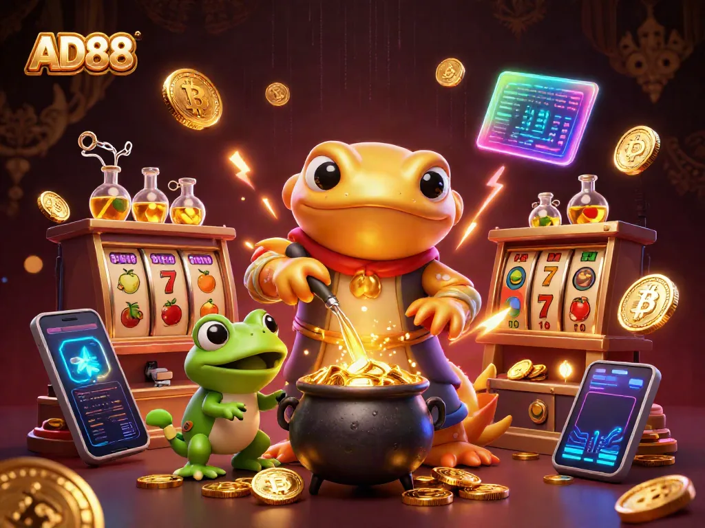 Experience entertainment at AD88 with a cartoon alchemist in a vibrant casino scene.