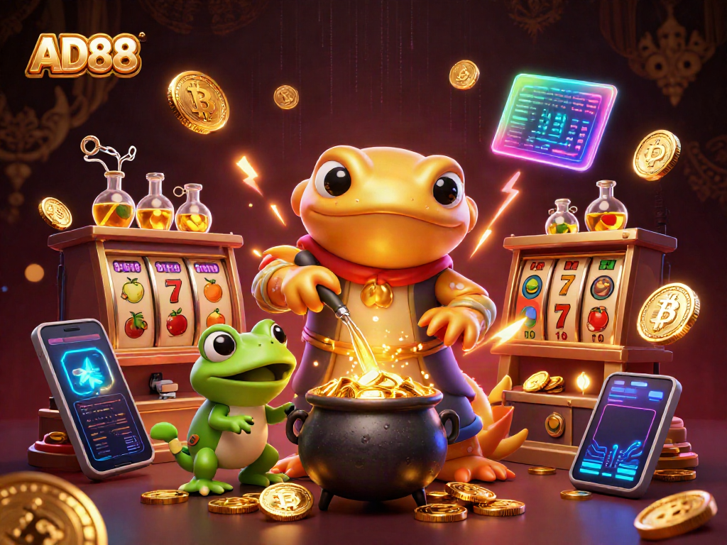 Experience entertainment at AD88 with a cartoon alchemist in a vibrant casino scene.