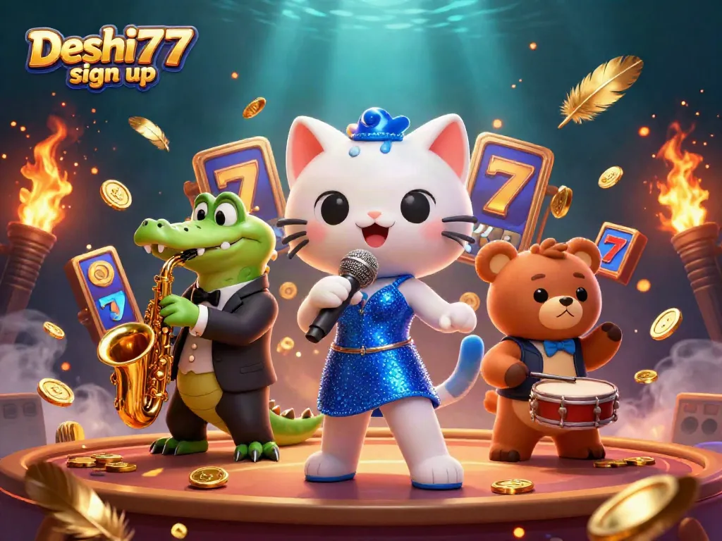 Experience the thrill of online gaming with Deshi777 sign up via a vibrant illustration featuring fun characters.