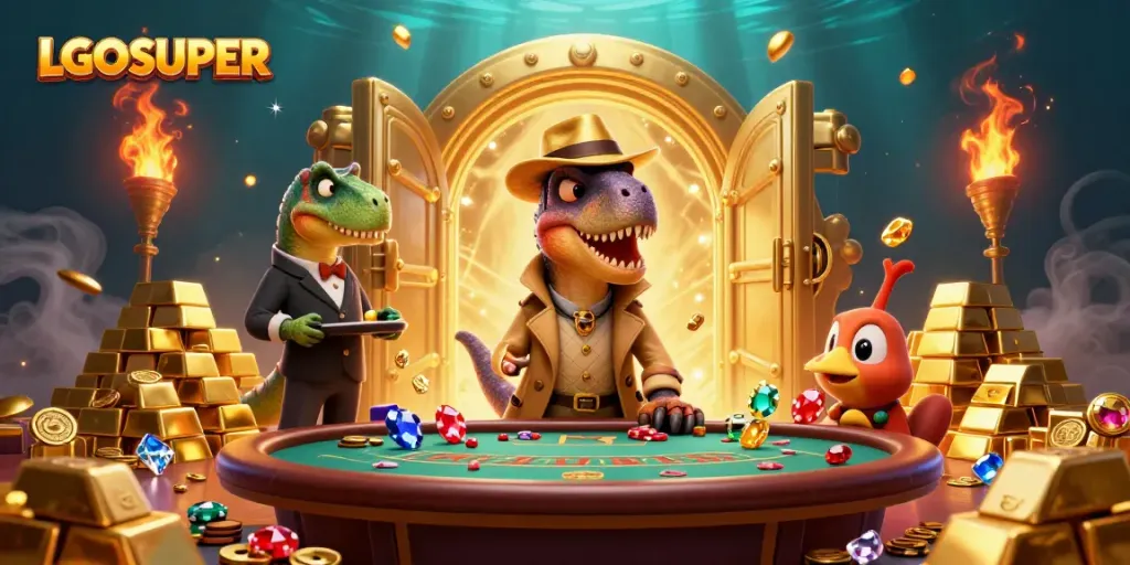 Experience thrilling blackjack fun with LGOSUPER in a dynamic gaming illustration featuring animated dinosaur characters.