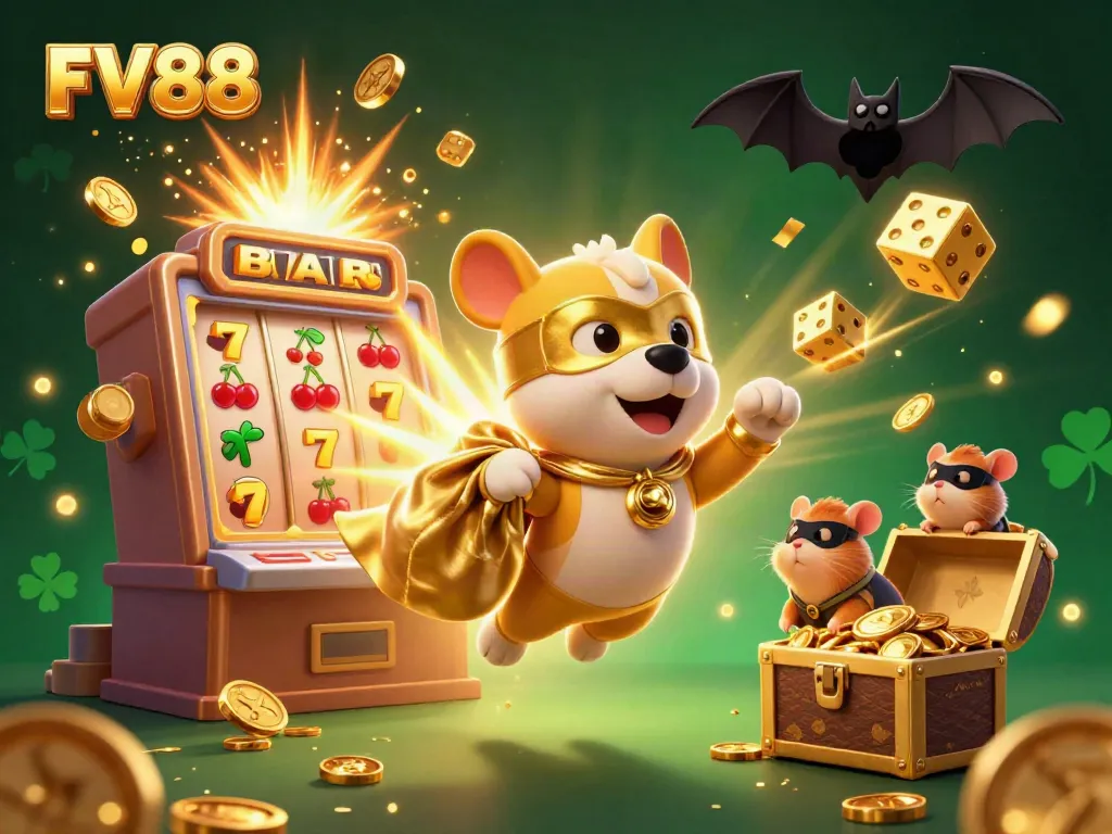 Experience the thrill of winning at FV88 with a superhero dog and hamster amidst casino excitement.