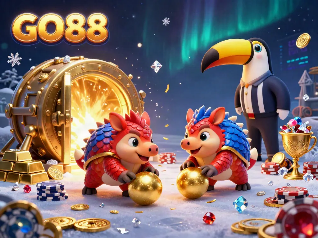 GO88 competitive pangolins rolling into golden balls amidst casino excitement and treasures.